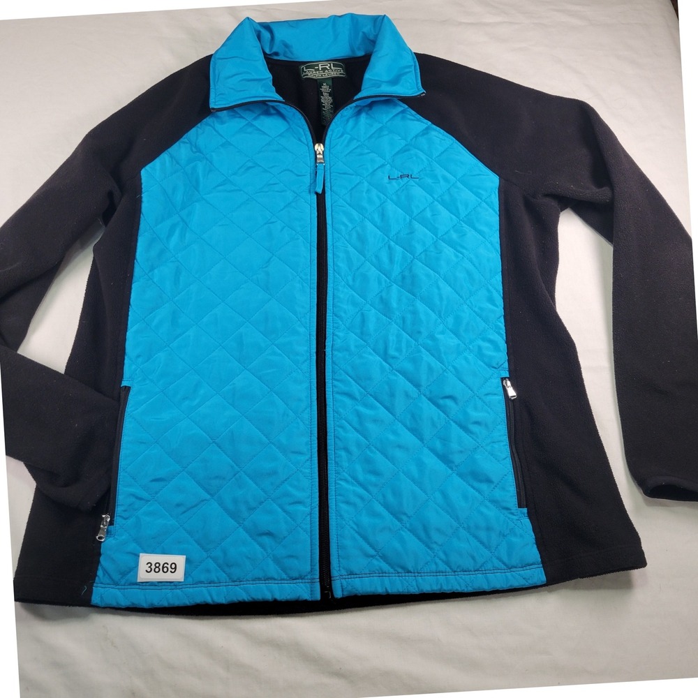 LRL Lauren Ralph Lauren Active Quilt Fleece Jacket Wmn XL Blue Black Zip Classic